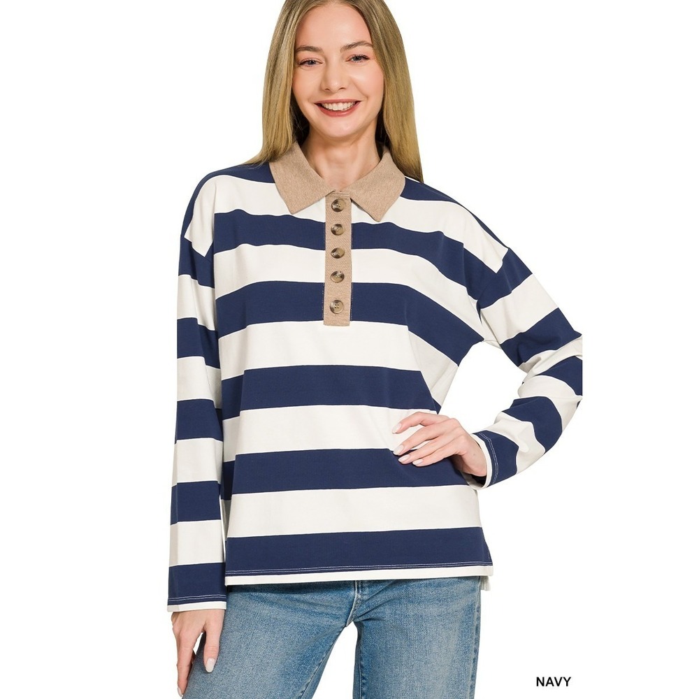 Zenana Striped Contrast Collar Polo Tee - Navy - Small - Picture 3 of 5